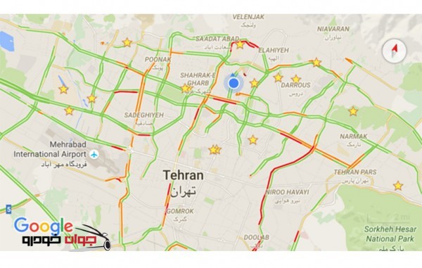 ترافیک تهران بر روی نقشه گوگل